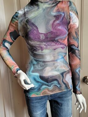Gilded Intent Multicolor Marble-Print Sheer Long-Sleeve Top
